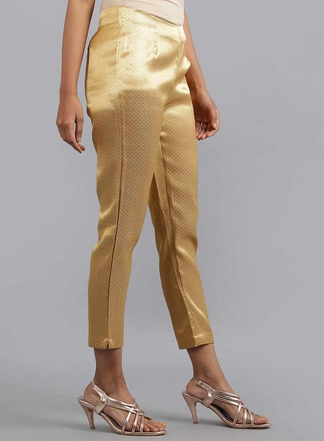 Buy Fusion Beats Women Golden Coloured Straight Fit Self Design Regular  Trousers - Trousers for Women 7743994 | Myntra